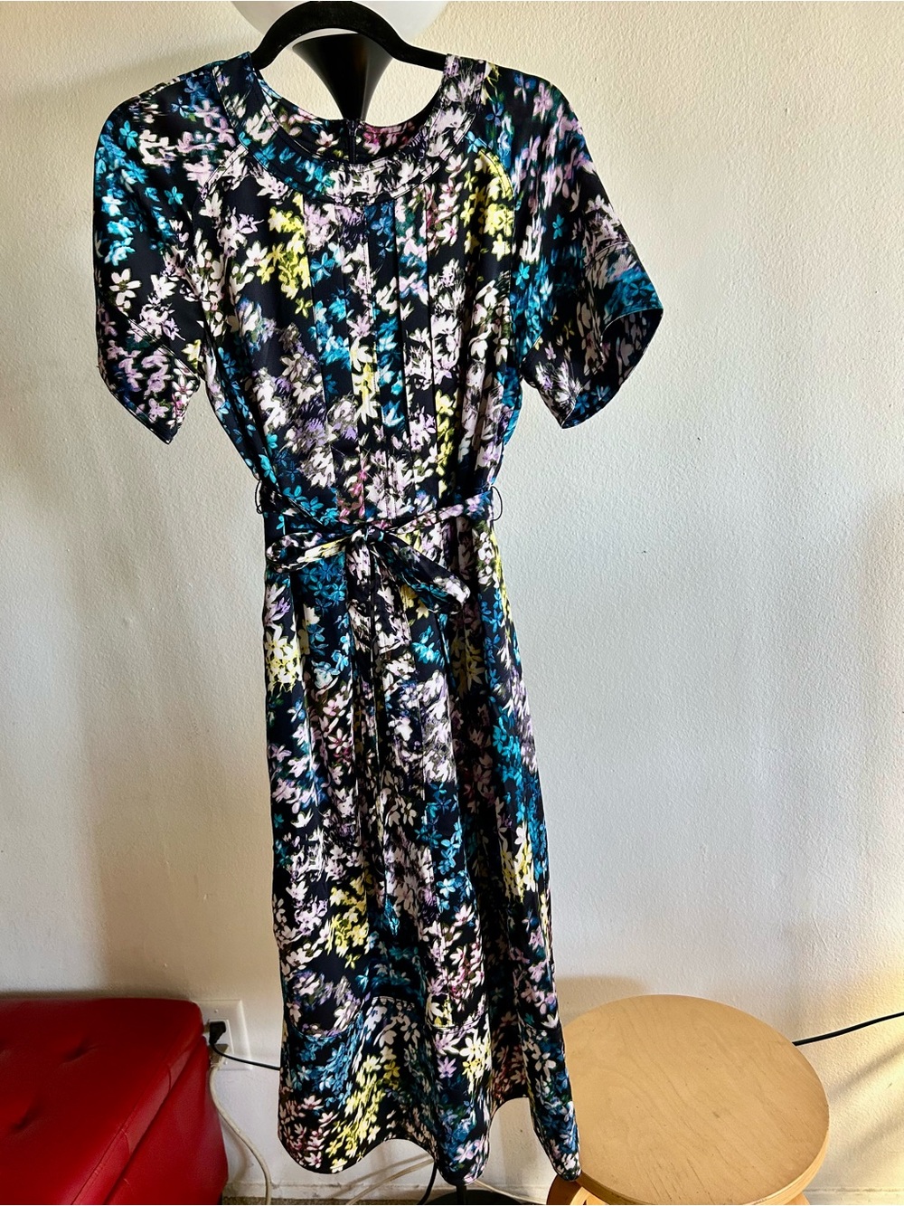 Banana Republic Black Floral Tie-Waist Midi Dress with Teal and Yellow Accents